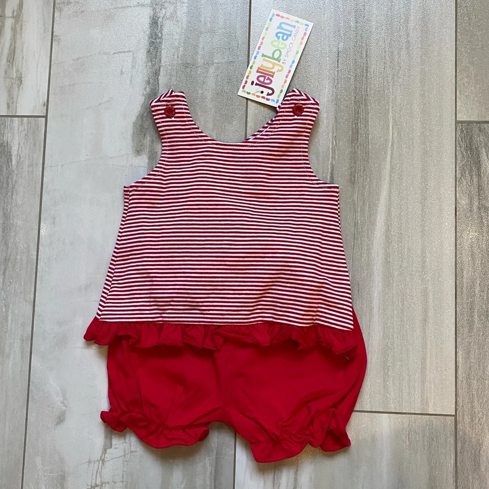 NWT JellyBean Red and White Striped Classic Swing Top and Bubble Shorts Set, 3M